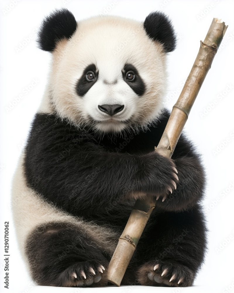 Fototapeta premium A cute baby panda sitting and holding a bamboo stick against a white background.