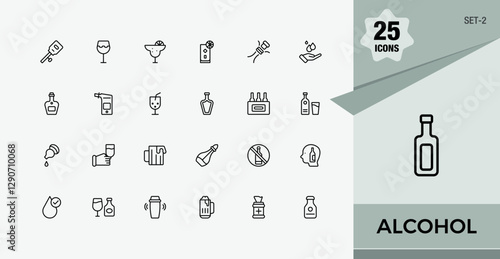 Alcohol icons. Includes thin line wine, restaurant, ice, juice, collection, brandy, shake and more. Set of line pictogram. Minimalist editable vector stroke.