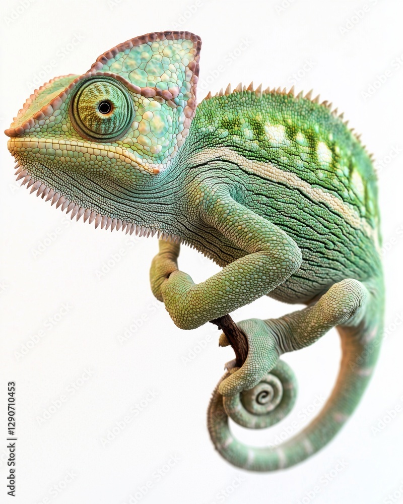 Fototapeta premium A vibrant green chameleon perched on a branch against a white background.