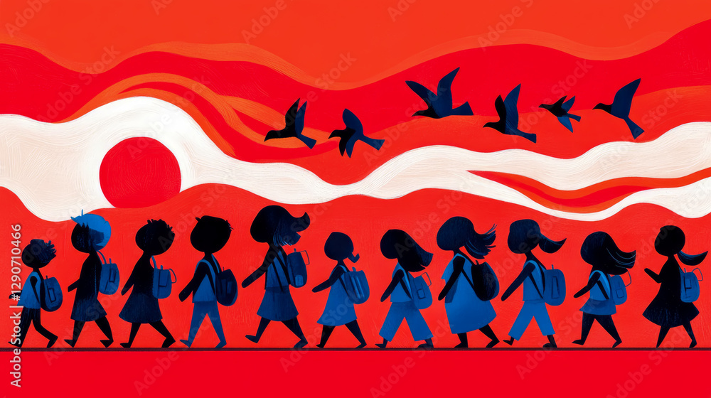 Naklejka premium Back to School Concept: A spirited march of children toward education, under watchful birds, design for a school, poster or educational material.