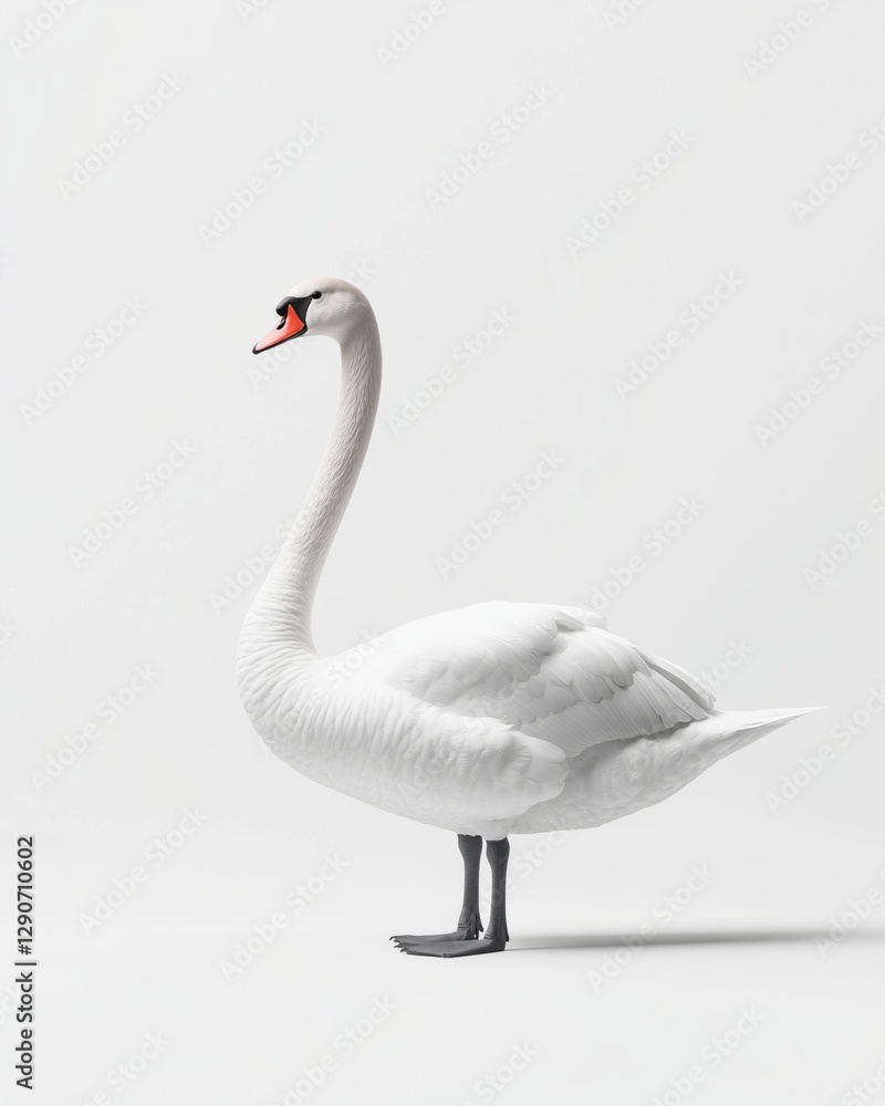 Fototapeta premium A graceful white swan with a long neck and red beak, isolated against a white background.