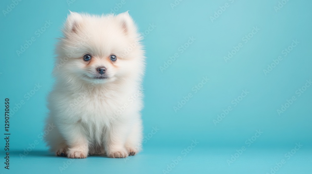 Fototapeta premium Cute Pomeranian puppy with a fluffy coat sitting on a pastel blue background