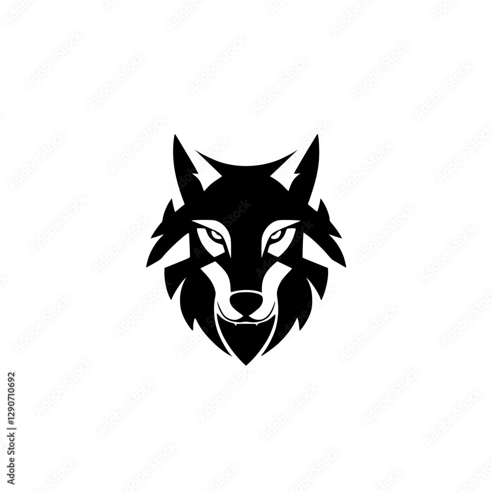 Fototapeta premium Black and white minimalist wolf head logo, with bold lines and sharp angles.