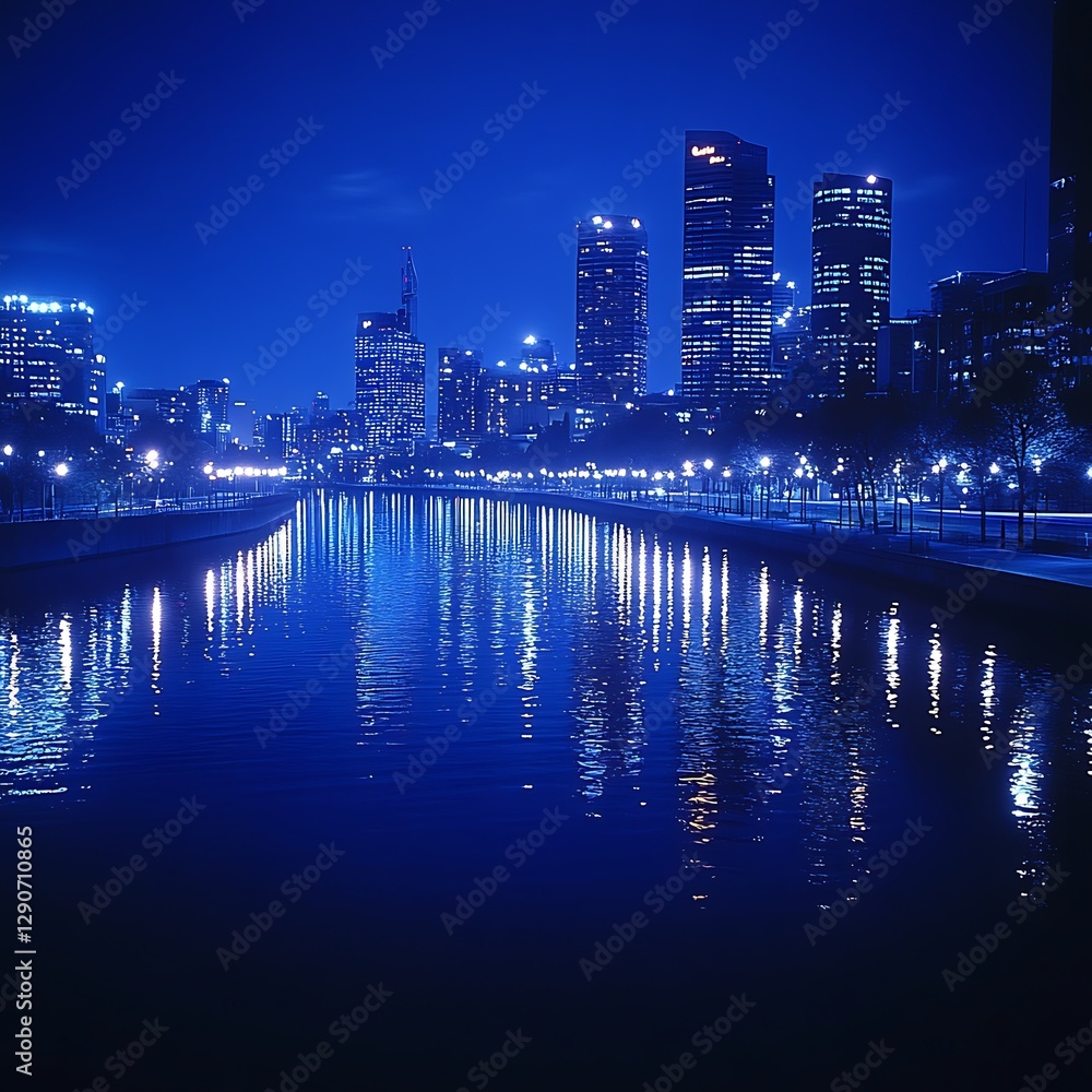 Naklejka premium City Skyline Reflecting In The River Under The Night Sky