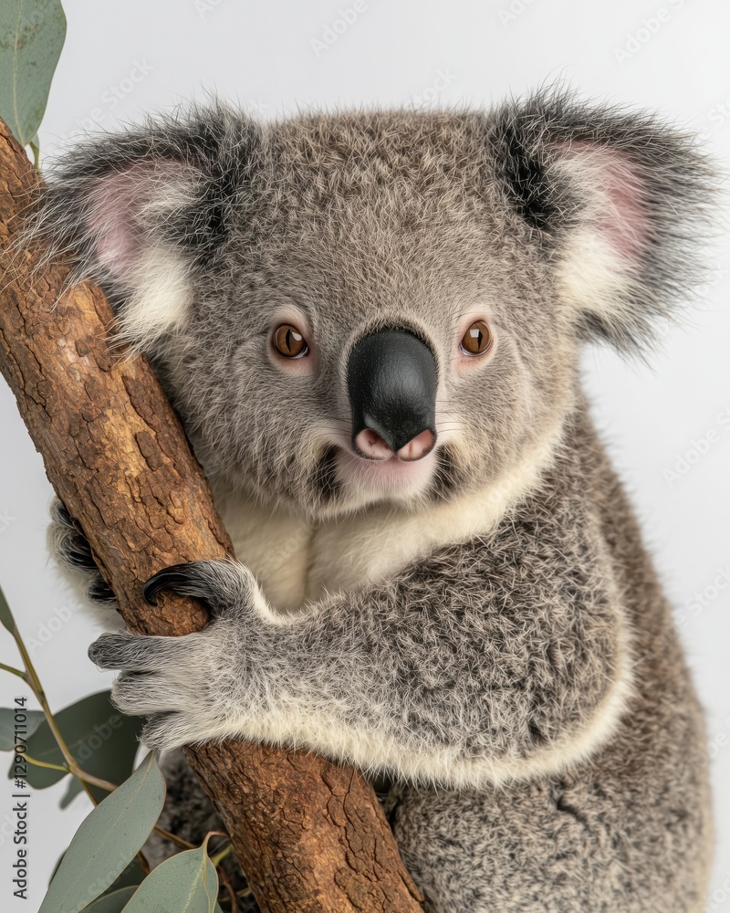 Naklejka premium A cute koala bear hugging a tree branch with eucalyptus leaves in a studio setting.