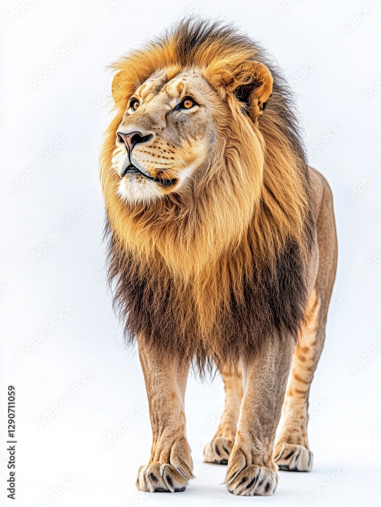 Obraz premium A close-up of a lion standing proudly against a white background.