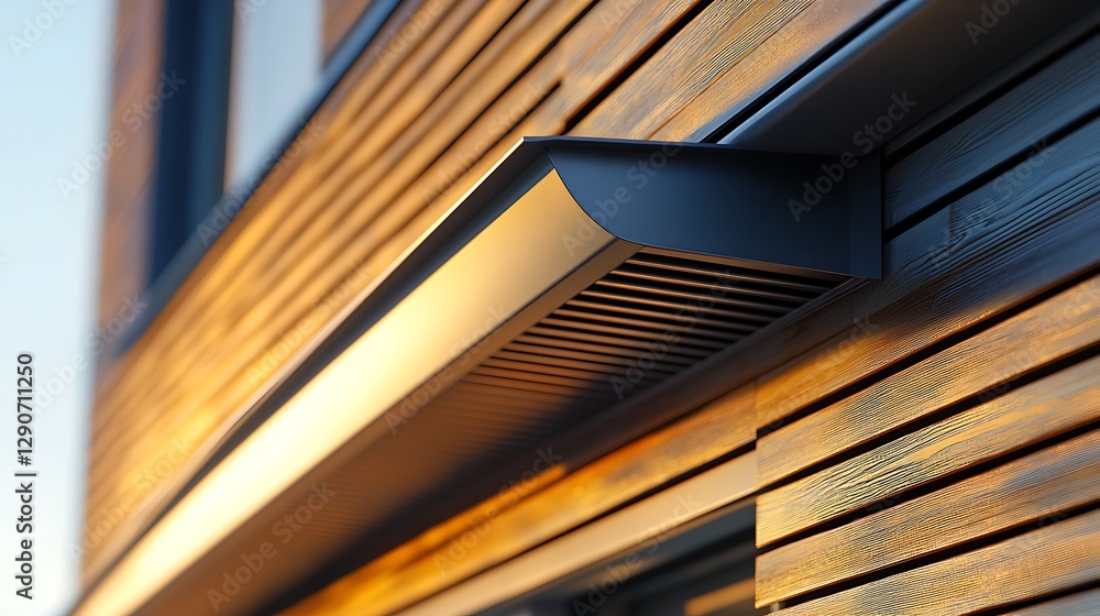 Obraz premium Sleek Modern Exterior Lighting Fixture on Wood Siding at Sunset