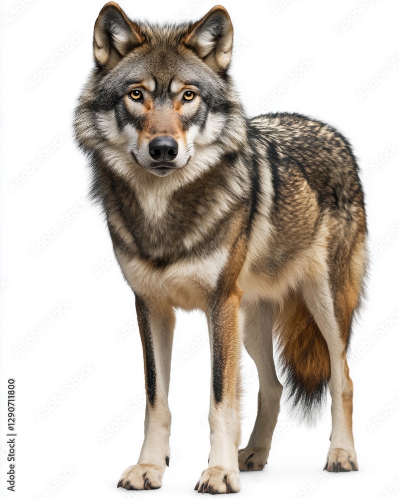 A majestic wolf with striking features standing against a white background. A majestic wolf with striking features standing against a white background.