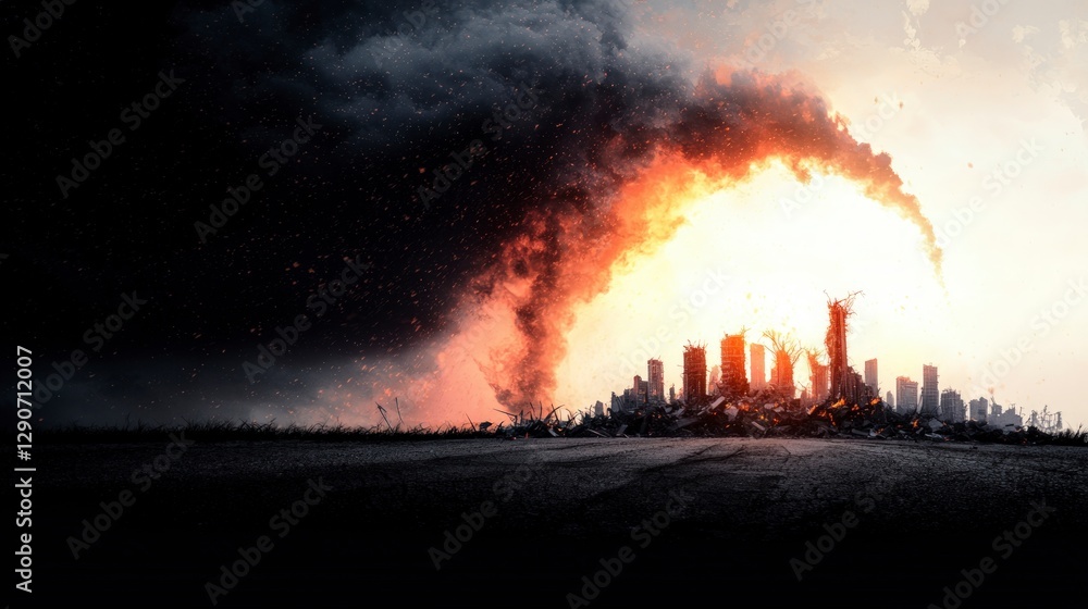 Obraz premium Apocalyptic Cityscape Fire Destruction Storm Ruins Disaster