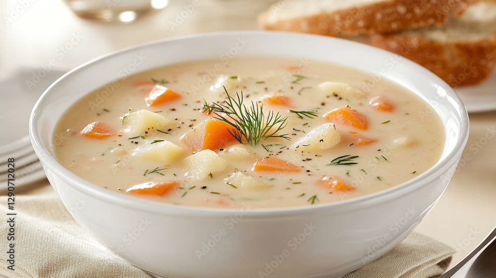 Creamy Finnish salmon soup kalakeitto served with rye bread in a cozy home-style setting Creamy Finnish salmon soup kalakeitto served with rye bread in a cozy home-style setting