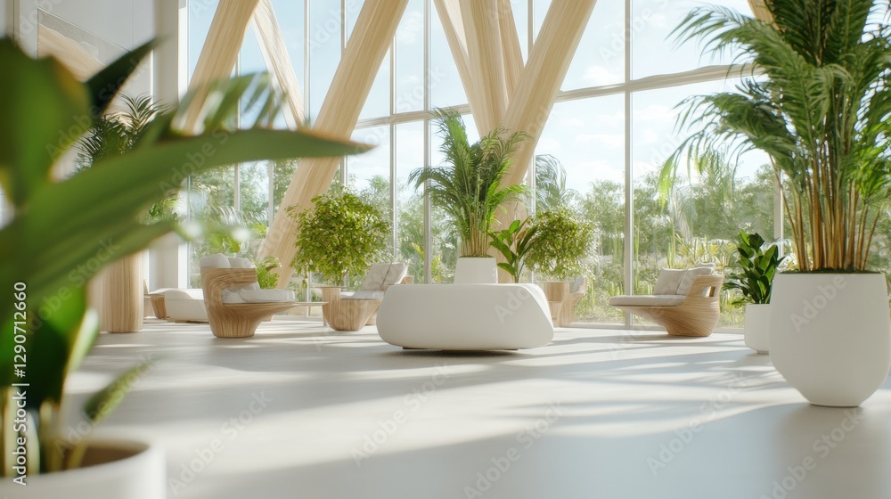 Fototapeta premium Serene Modern Lounge With Abundant Natural Light And Greenery