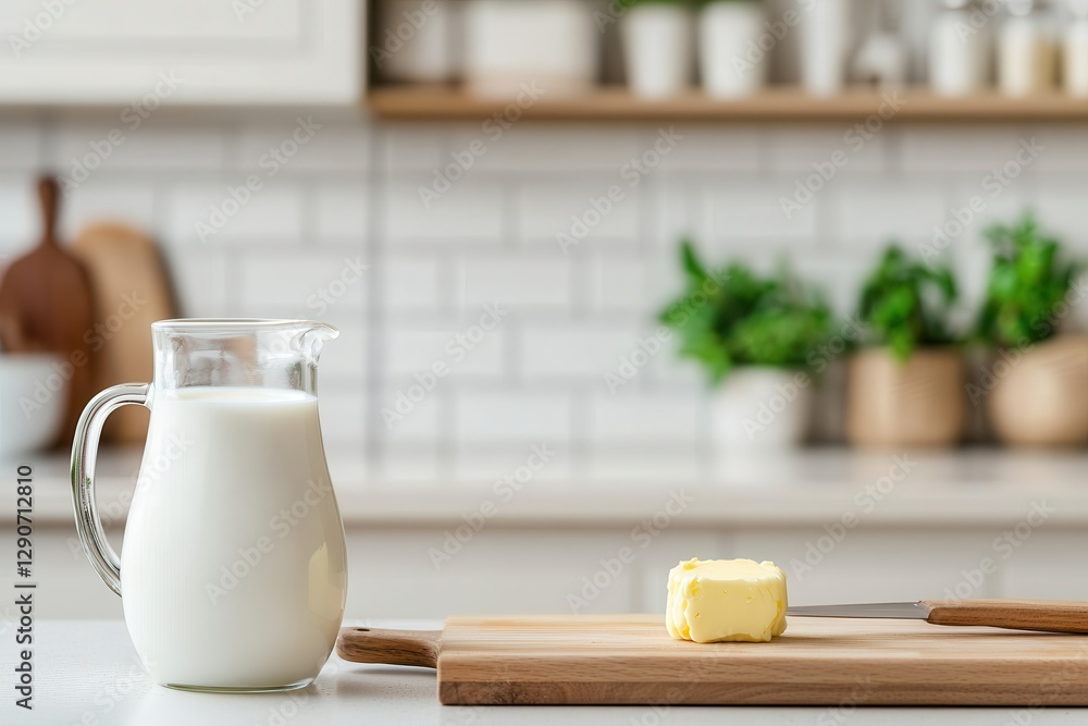 Organic milk from local farms ,support for local agriculture. Milk and butter on a kitchen countertop with green plants in the background. Organic milk from local farms ,support for local agriculture. Milk and butter on a kitchen countertop with green plants in the background.
