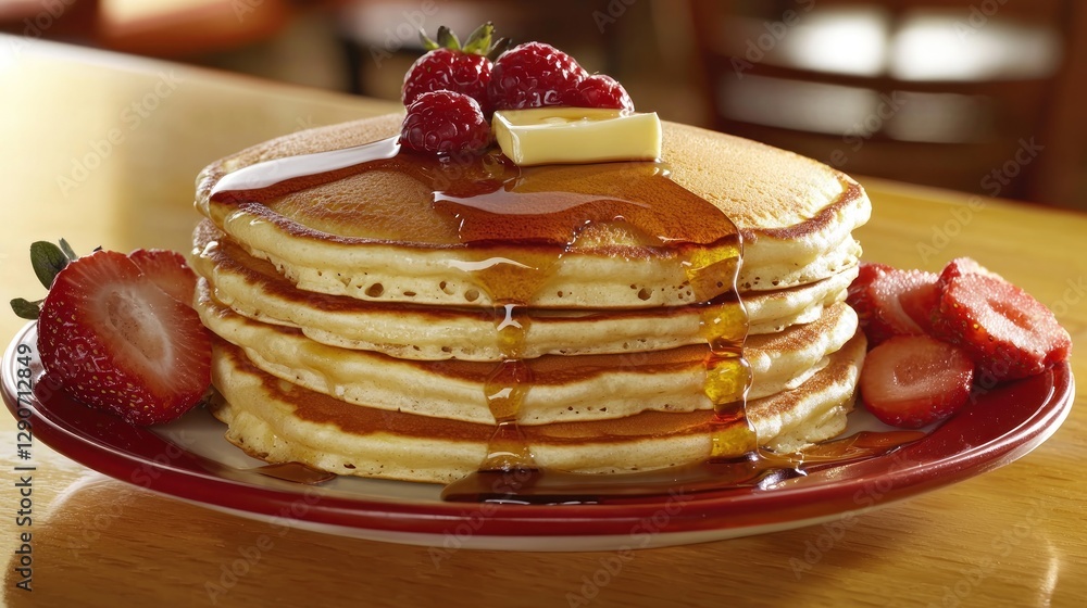 A Stack of Fluffy Pancakes with Maple Syrup, Butter, and Fresh Fruit Served on a Plate A Stack of Fluffy Pancakes with Maple Syrup, Butter, and Fresh Fruit Served on a Plate