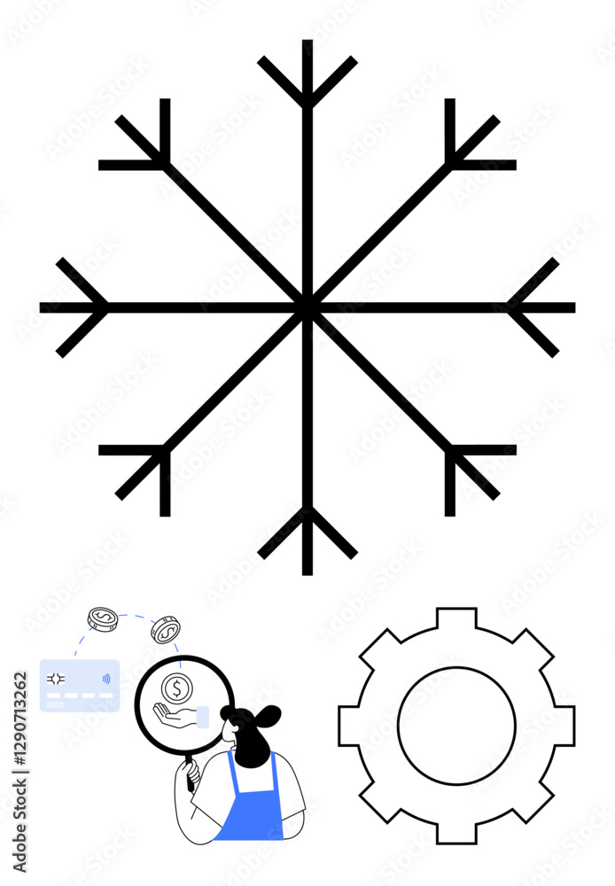 Large intricate snowflake, woman closely examining a coin with a magnifying glass, a gear cog symbolizing mechanics, technology. Ideal for data analysis, winter planning, engineering, finance Large intricate snowflake, woman closely examining a coin with a magnifying glass, a gear cog symbolizing mechanics, technology. Ideal for data analysis, winter planning, engineering, finance