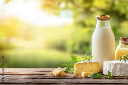 Organic milk from local farms ,support for local agriculture. Fresh dairy products on a wooden table in a serene outdoor setting.