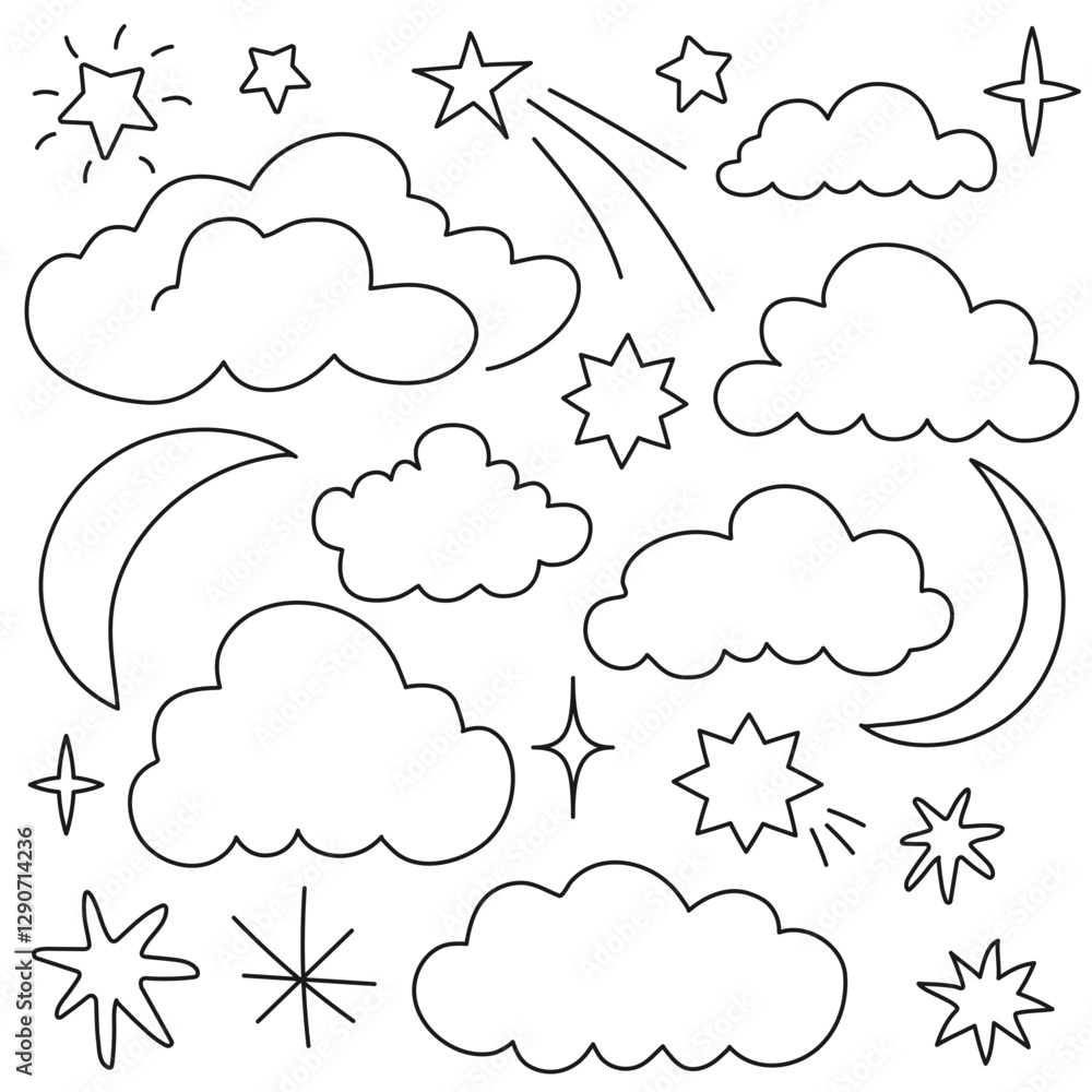 Set of hand drawn cloud, star, and moon icons in black outline. Simple celestial elements for design, stickers, and patterns. Set of hand drawn cloud, star, and moon icons in black outline. Simple celestial elements for design, stickers, and patterns.