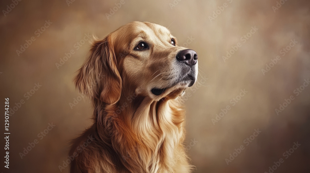 golden retriever sitting gracefully in studio, showcasing its soft fur and expressive eyes. warm background enhances dog noble appearance and calm demeanor golden retriever sitting gracefully in studio, showcasing its soft fur and expressive eyes. warm background enhances dog noble appearance and calm demeanor
