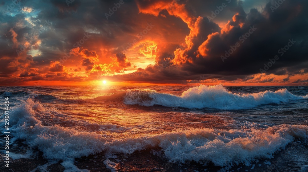 A mesmerizing sunset over the ocean, waves crashing on a coral-studded coastline with dramatic clouds. A mesmerizing sunset over the ocean, waves crashing on a coral-studded coastline with dramatic clouds.
