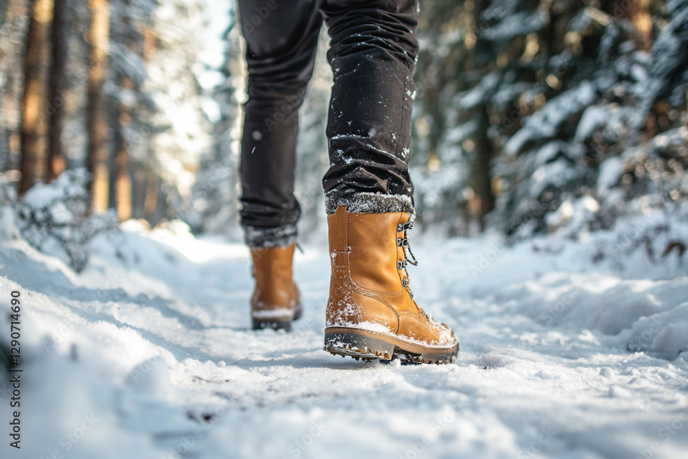 Man in boots walking along snowy path in winter forest Man in boots walking along snowy path in winter forest