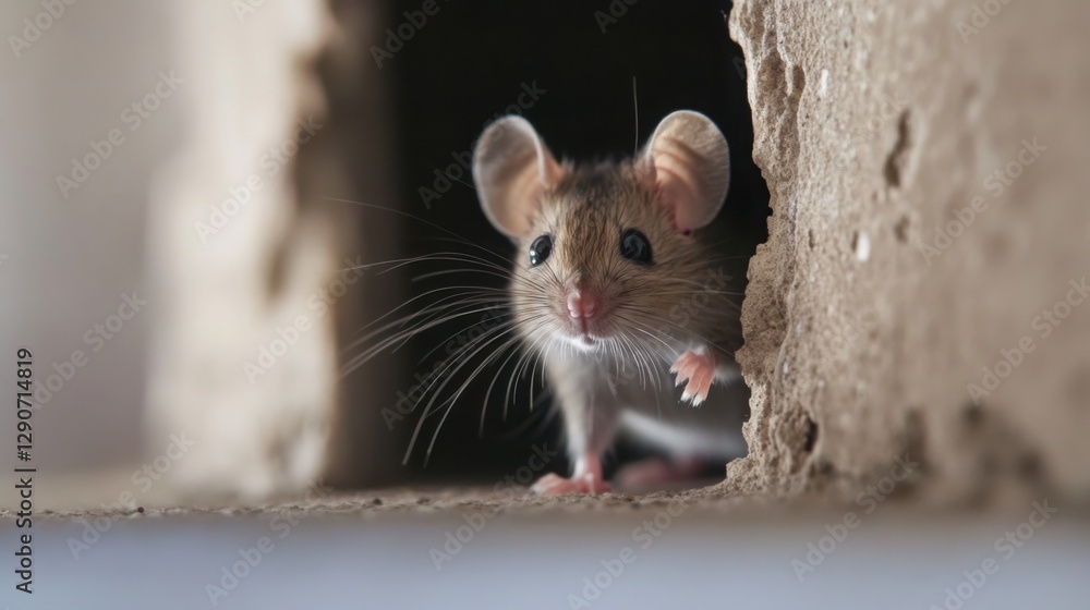 Obraz premium Little mouse peeking out from a hole in the wall with a softly blurred indoor background