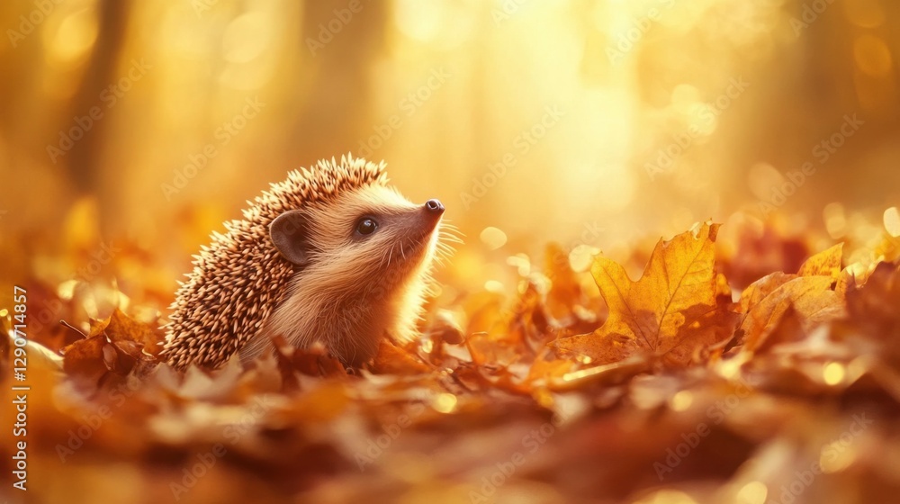 Fototapeta premium Little hedgehog in a bed of autumn leaves with a softly blurred golden background