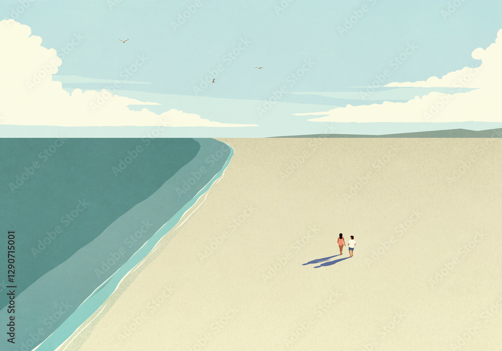 Aerial view couple walking on sunny, sandy, vacant ocean beach
Aerial view couple walking on sunny, sandy, vacant ocean beach