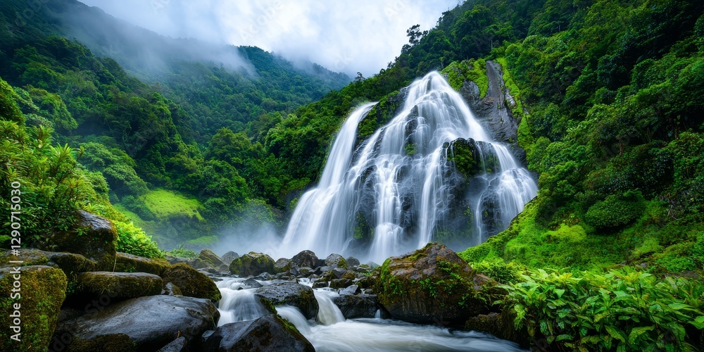 Fototapeta premium A stunning waterfall cascades through lush greenery, surrounded by misty mountains, creating a serene natural landscape.