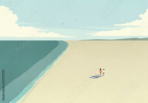 Aerial view couple walking on sunny, sandy, vacant ocean beach
