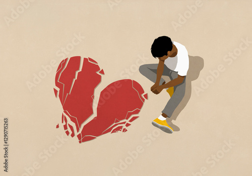 High angle view sad man looking down at broken heart
