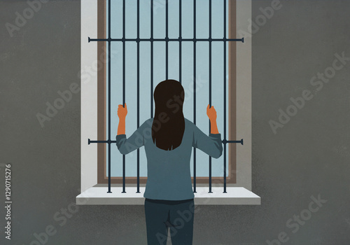 Woman standing behind bars looking out window
