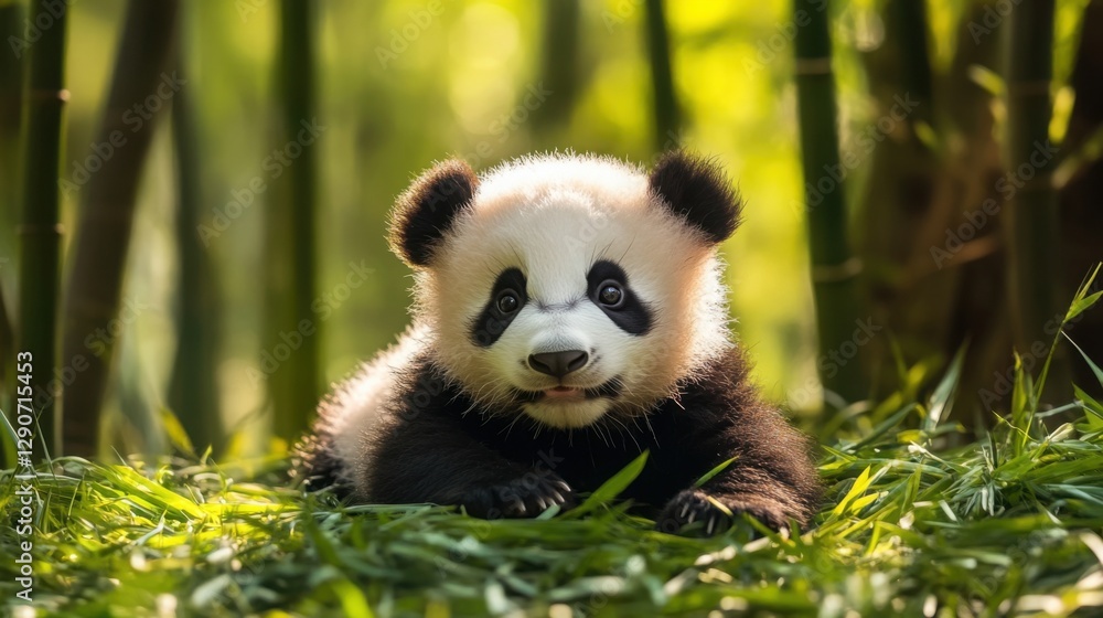 Obraz premium Playful baby panda lying on the grass with a bamboo forest in the background