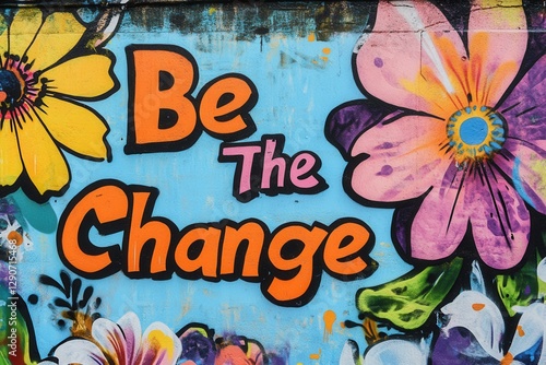 Be the change mural with colorful flowers