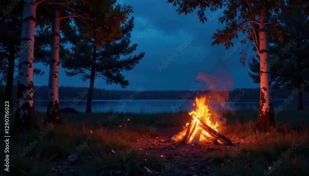 Bonfire embers glow, birch trees stand tall, midsummer night's sky , leaves, stars Bonfire embers glow, birch trees stand tall, midsummer night's sky , leaves, stars