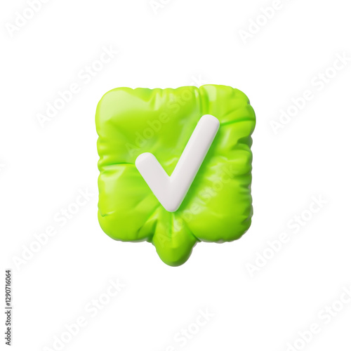 3D glossy green inflated balloon speech bubble with check mark vector icon, volume chatting box approved message symbol