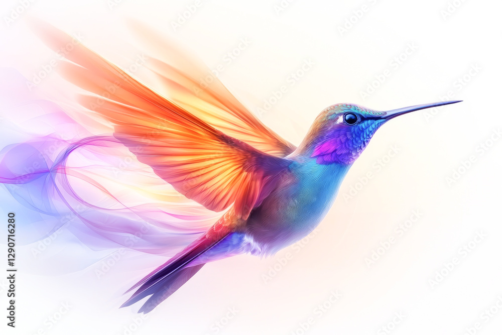 Obraz premium A vibrant hummingbird in mid-flight showcasing beautiful colors and graceful movement.