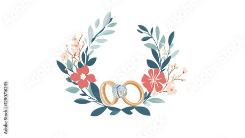 A digital illustration depicting a circular floral wreath composed of stylized leaves and flowers in pastel coral, teal, and beige hues.  Two gold rings are situated at the base of the