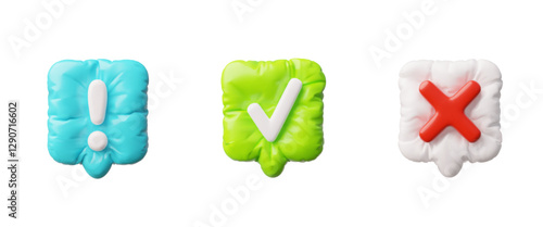 3D set of inflatable colorful dialog boxes with exclamation mark, check mark and red cross.