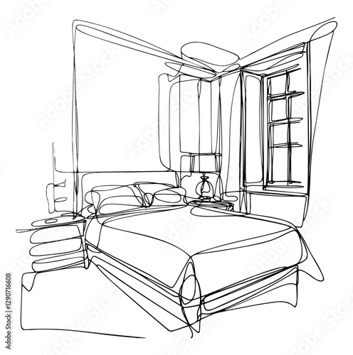 Linear sketch of an interior. Room plan. Sketch Line bedrooms
