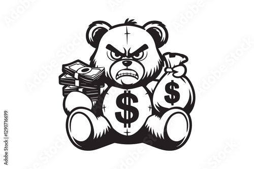 Gangster Teddy Holding Cash and Money Bag vector