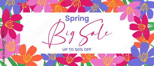 Spring sale. Advertising banner with bright colors. Spring sale design template.