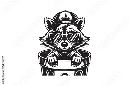 Cool Raccoon with Sunglasses in a Trash Can vector