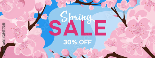 Spring sale. Spring advertising banner with sakura flowers. Spring sales template for design.