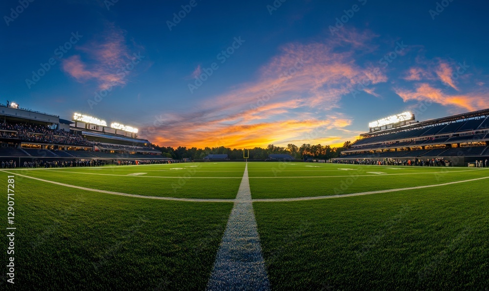Fototapeta premium wide-angle view of an empty Football stadium at sunset, illuminated by lights and a green grass field under the setting sun. The sky is painted with hues of blue and orange