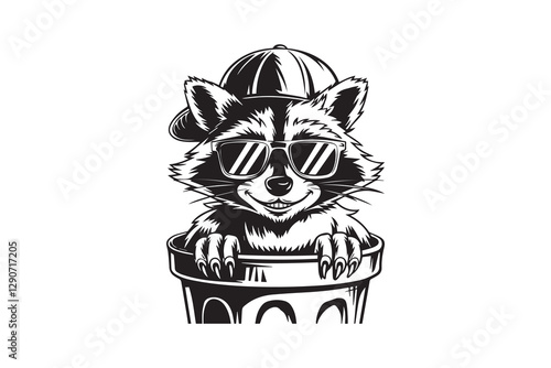 Cool Raccoon with Sunglasses in a Trash Can vector