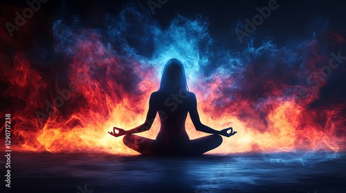 Woman meditating fire ice