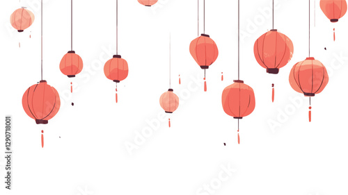 The image showcases numerous coral-toned paper lanterns suspended against a pure white background.  The lanterns vary slightly in size and position, creating a sense of gentle movement and