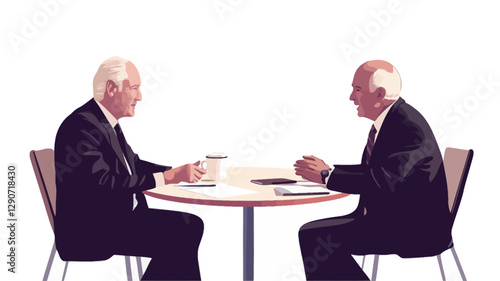 The image is a vector illustration depicting two older, light-skinned businessmen sitting opposite each other at a round table.  They are both wearing dark suits and are engaged in a
