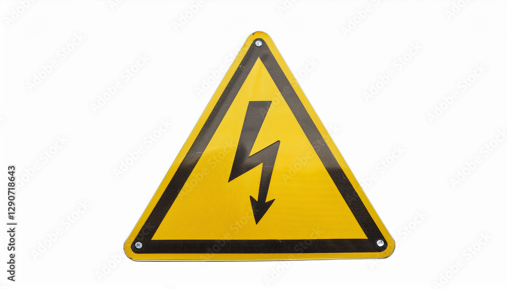 Yellow triangle warning sign with lightning bolt symbol. High voltage danger. Isolated on white Yellow triangle warning sign with lightning bolt symbol. High voltage danger. Isolated on white