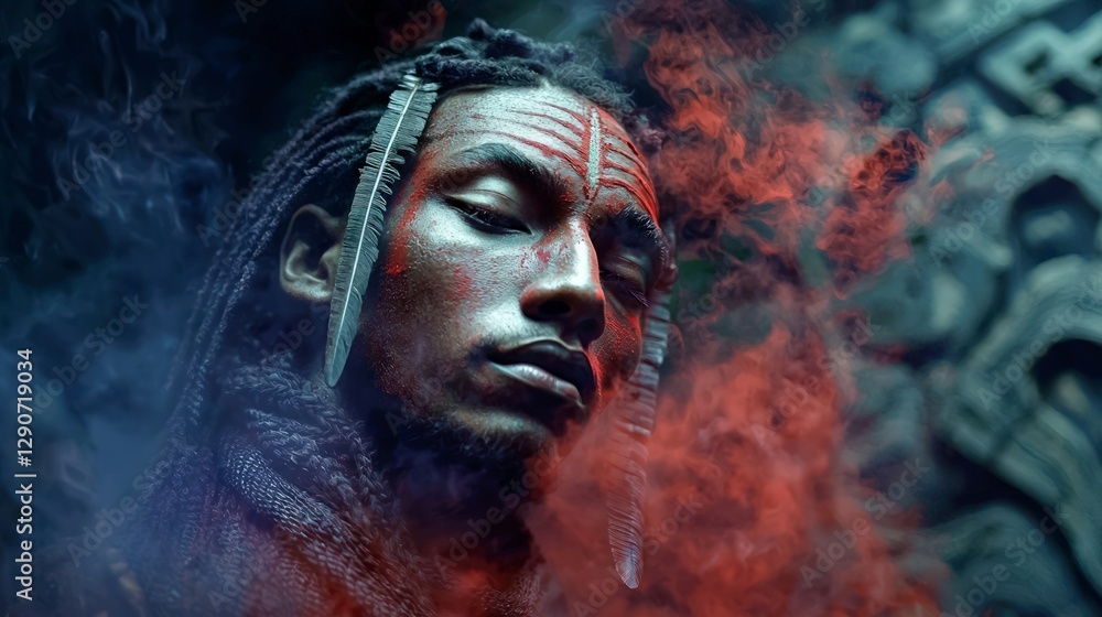 Enigmatic Tribal Man in Smoke Red Dust Ancient Ruins Enigmatic Tribal Man in Smoke Red Dust Ancient Ruins