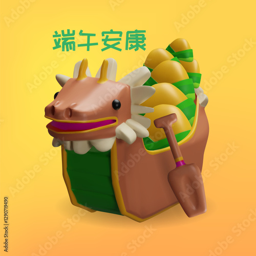 Dragon Boat Festival 3D poster vector design, Dragon boat with rice dumpling, Chinese festive symbols with hieroglyph